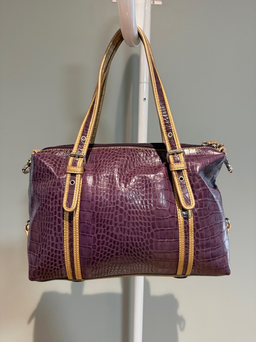 Sharif Purple Croc-Embossed Satchel with Gold Trim - Picture 8 of 16